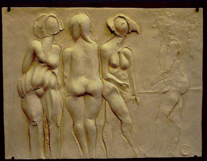 (3 standing women, 1 standing man faintly outlined)