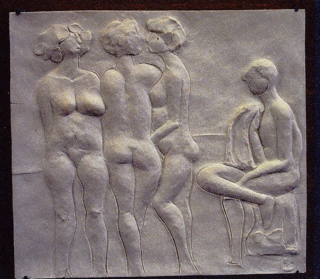 (3 standing women, 1 seated man with face)